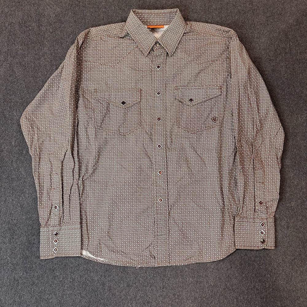Ariat Women's Pearl Snap Shirt Size M White Brown Pattern Sheer Long Sleeve